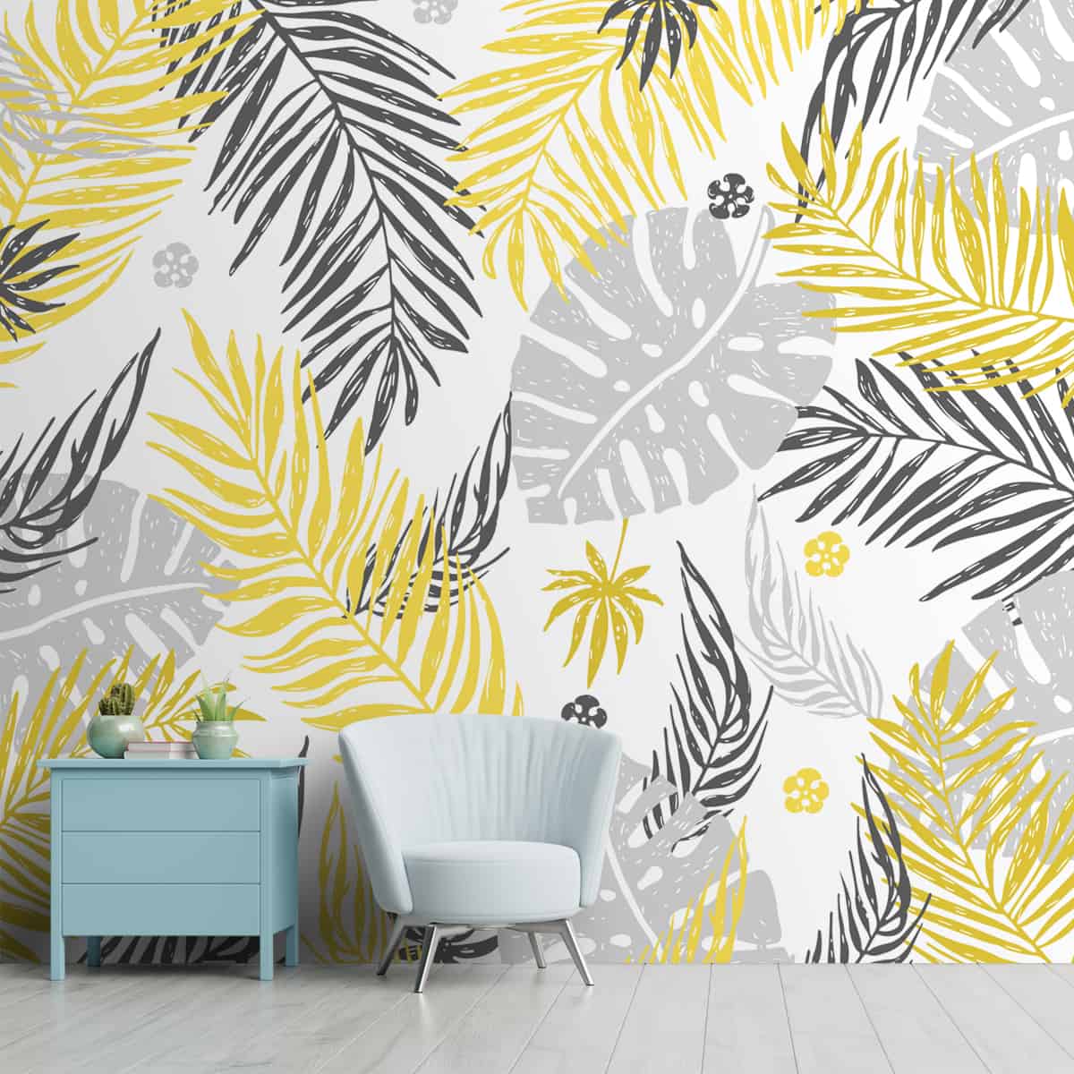 A close-up of aYellow & Grey Tropical Leaves , Room Wallpaper Indrani Series Soft Feel Tropical Design (Customised Size Wallpaper )available at Material Depot in Bangalore